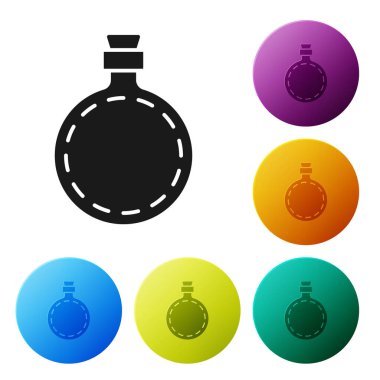 Siyah kantin su şişesi simgesi beyaz arkaplanda izole edilmiş. Turist matarası ikonu. Kampanyada bir kavanoz su kullanıldı. Simgeleri renk daire düğmelerine ayarla. Vektör.