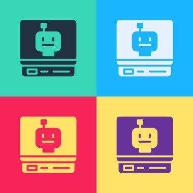 Pop Art Robot simgesi renk arkaplanında izole edildi. Yapay zeka, makine öğrenme, bulut hesaplama. Vektör.