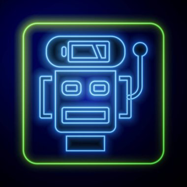 Parlayan neon robotlar düşük akü şarj ikonu mavi arka planda izole edildi. Yapay zeka, makine öğrenme, bulut hesaplama. Vektör.