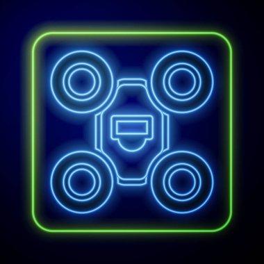 Parlayan neon hava aracı uçan ikonu mavi arka planda izole edildi. Video ve fotoğraf makinesi sembollü dörtlü helikopter. Vektör.