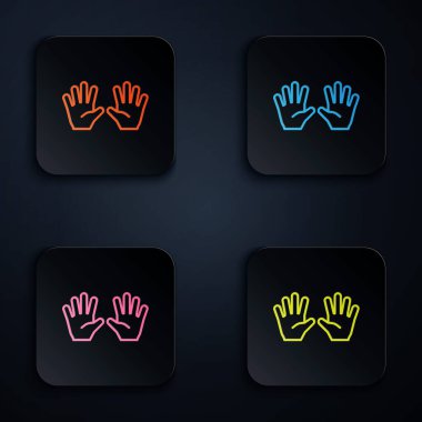 Siyah arka planda izole edilmiş renkli neon çizgisi tıbbi kauçuk eldiven ikonu. Koruyucu lastik eldivenler. Kare düğmelere simgeleri yerleştir. Vektör.