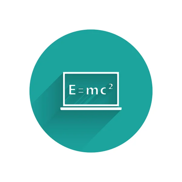 長い影で隔離された黒板のアイコン上の方程式解決のホワイト数学システム Eはコンピュータ画面上のMc二次方程式に等しい 緑色の丸ボタン ベクトル — ストックベクタ