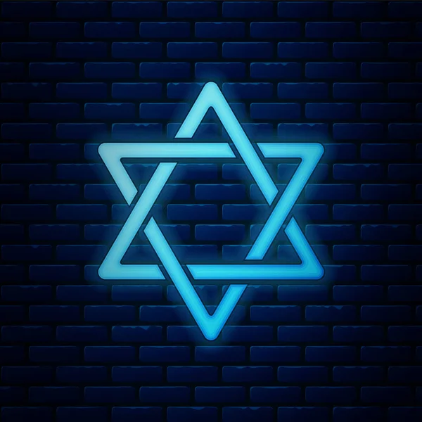 Glödande Neon Star David Ikonen Isolerad Tegelvägg Bakgrund Judisk Religionssymbol — Stock vektor