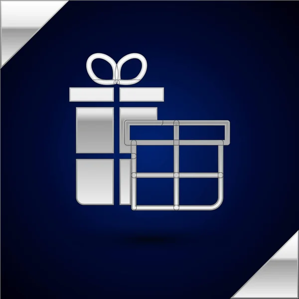 Ícone Caixa Presente Prata Isolado Fundo Azul Escuro Feliz Natal — Vetor de Stock
