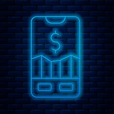 Parlayan neon hattı Mobil hisse senedi konsept ikonu tuğla duvar arka planında izole edildi. Çevrimiçi ticaret, borsa analizi, iş ve yatırım. Vektör.
