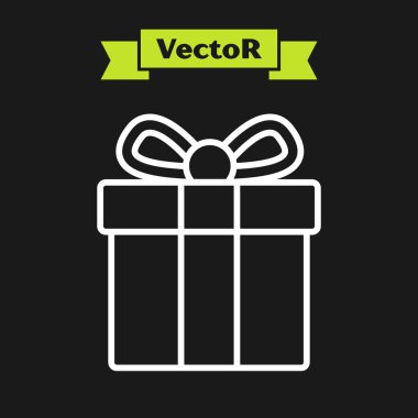 Beyaz çizgi hediye kutusu simgesi siyah arkaplanda izole edildi. Vektör.