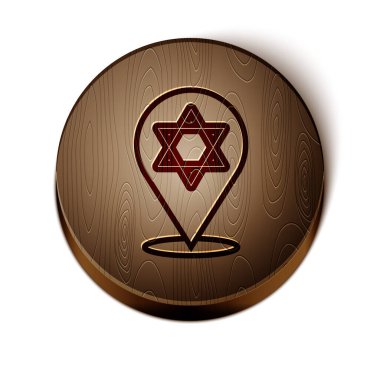 Kahverengi çizgi yıldızı David simgesi beyaz arkaplanda izole edildi. Yahudi dini sembolü. İsrail 'in sembolü. Tahta daire düğmesi. Vektör.