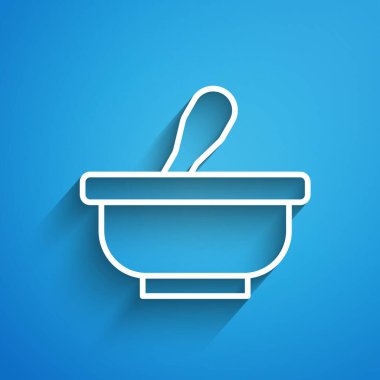 Beyaz çizgi havan ve tokmak simgesi mavi arkaplanda izole edildi. Uzun gölge. Vektör.