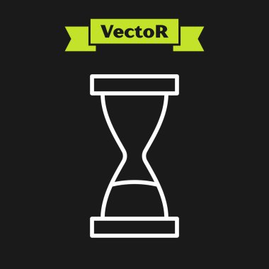 Beyaz çizgi. Siyah zemin üzerinde kum ikonu olan eski kum saati. Kum saati işareti. İş ve zaman yönetimi kavramı. Vektör.