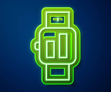 Parlayan neon hattı Smartwatch simgesi mavi arkaplanda izole edildi. Vektör.