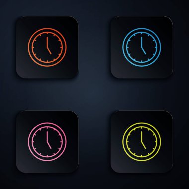 Renkli neon çizgi saat simgesi siyah arkaplanda izole edildi. Zaman sembolü. Kare düğmelere simgeleri yerleştir. Vektör.