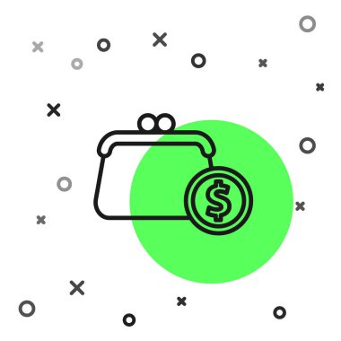 Beyaz arka planda izole edilmiş madeni para simgesi olan siyah çizgili cüzdan. Çanta ikonu. Nakit tasarruf sembolü. Vektör.