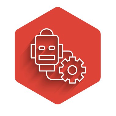 Beyaz Çizgili Robot uzun gölgeli bir simge oluşturuyor. Yapay zeka, makine öğrenme, bulut hesaplama. Kırmızı altıgen düğmesi. Vektör.