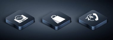 Isometric yüzde indirimi ve dizüstü bilgisayar, telefon 24 saat destek ve kağıt alışveriş poşeti ikonu ayarla. Vektör.