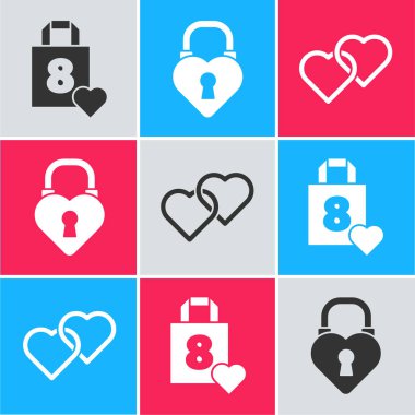 Kalple alışveriş torbası, kalp şeklinde Castle ve İki Bağlı Kalp ikonu. Vektör.