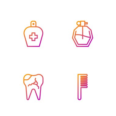 Saç fırçası, kırık diş, bir şişe sıvı antibakteriyel sabun ve parfüm. Renk simgeleri. Vektör.