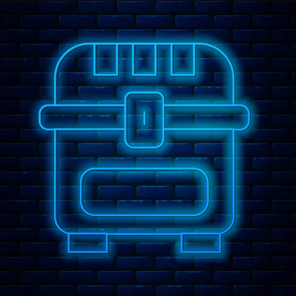 Parlayan neon hattı. Duvarın arka planında izole edilmiş antik hazine sandığı simgesi. Altın sikkeli klasik tahta sandık. Vektör.