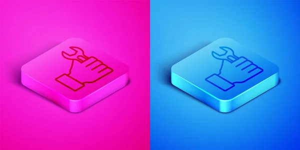 Icono Llave Inglesa Línea Isométrica Aislado Sobre Fondo Rosa Azul — Vector de stock