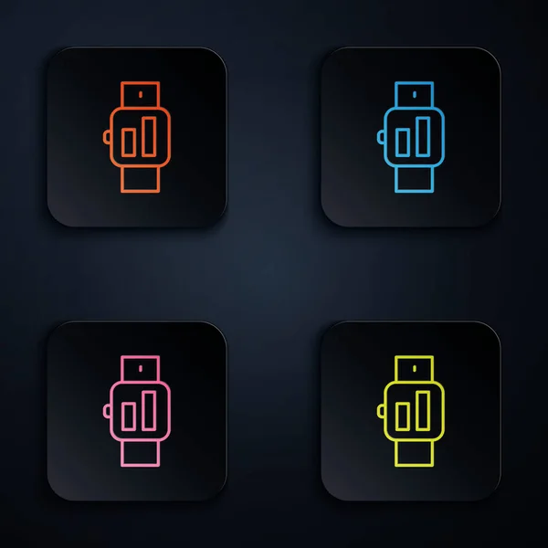 Color Neón Línea Smartwatch Icono Aislado Sobre Fondo Negro Establecer — Archivo Imágenes Vectoriales