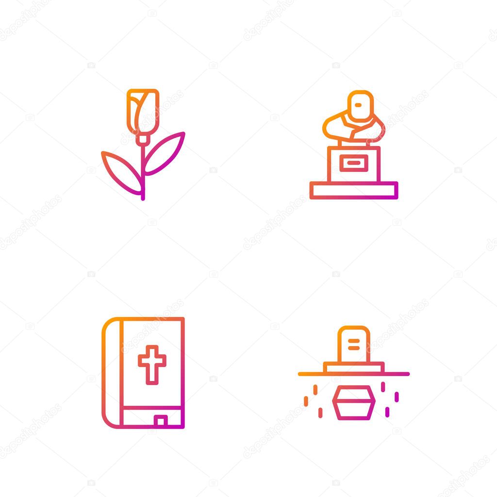 Set line Grave with coffin, Holy bible book, Flower rose and tombstone. Gradient color icons. Vector.