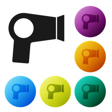 Beyaz arkaplanda siyah saç kurutma ikonu izole edildi. Saç kurutma makinesi tabelası. Saç kurutma sembolü. Sıcak hava üflüyor. Simgeleri renk daire düğmelerine ayarla. Vektör.