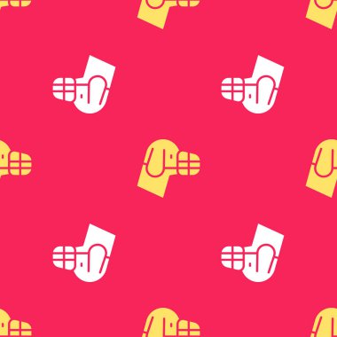 Ağızlık simgesindeki sarı köpek kırmızı arkaplanda izole edilmiş pürüzsüz desen. Köpek için suç ortağı. Vektör.