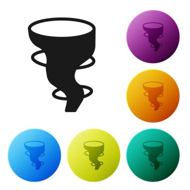 Siyah Tornado simgesi beyaz arkaplanda izole edildi. Simgeleri renk daire düğmelerine ayarla. Vektör.