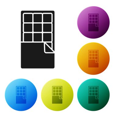 Beyaz arkaplanda siyah çikolata simgesi var. Simgeleri renk daire düğmelerine ayarla. Vektör.