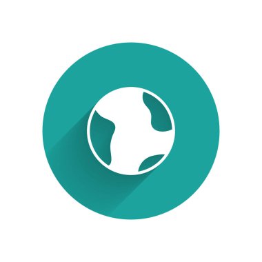 Beyaz Dünya küre ikonu uzun gölgeli izole edilmiş. Dünya ya da Dünya işareti. Küresel internet sembolü. Geometrik şekiller. Yeşil daire düğmesi. Vektör.