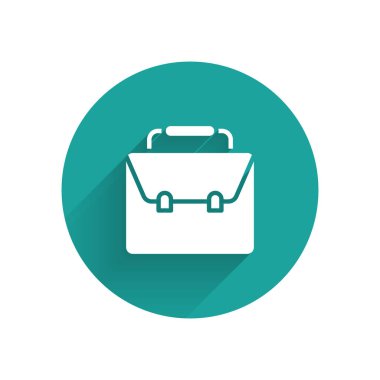 Beyaz Evrak Çantası simgesi uzun gölgede izole edildi. İş ilanı. İş portföyü. Yeşil daire düğmesi. Vektör.