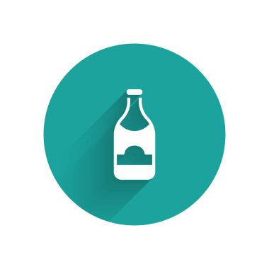 Uzun gölgeli beyaz şampanya ikonu. Mutlu Noeller ve mutlu yıllar. Yeşil daire düğmesi. Vektör.