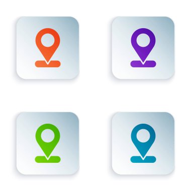 Beyaz arkaplanda izole edilmiş renk haritası simgesi. Navigasyon, işaret, konum, harita, GPS, yön, yer, pusula, arama konsepti. Kare düğmelere renkli simgeleri yerleştir. Vektör.