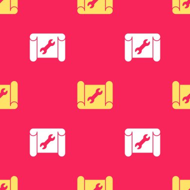 Mühendislik ve ingiliz anahtarı simgesi için sarı çizgili kağıt kırmızı arkaplanda izole edilmiş pürüzsüz desen. Vektör.