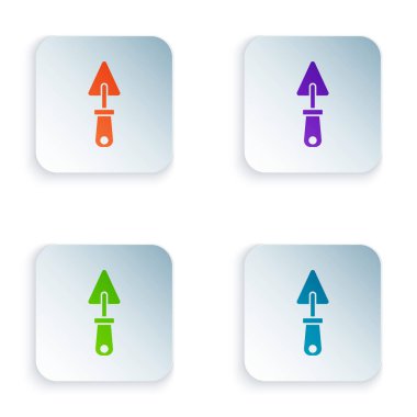 Renkli Trowel simgesi beyaz arkaplanda izole edildi. Kare düğmelere renkli simgeleri yerleştir. Vektör.