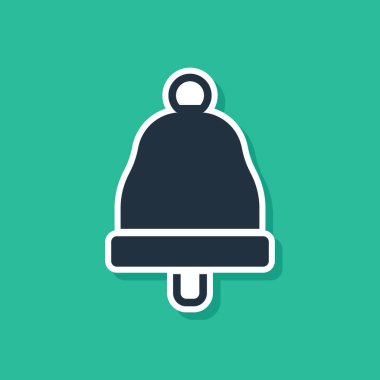 Mavi zil simgesi yeşil arkaplanda izole edildi. Alarm sembolü, servis zili, el zili işareti, uyarı sembolü. Vektör.