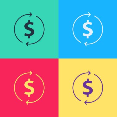 Pop Art Finansal büyüme ve dolar madeni para ikonu renk arka planında izole edilmiş. Gelirleri arttırıyorum. Vektör.