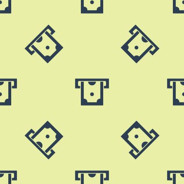 Mavi ATM - Otomatik veznedar ve para ikonu sarı arka planda kusursuz desen izole etti. Vektör.