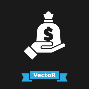 Beyaz El para çantası ikonunu siyah arka planda tutuyor. Dolar ya da USD sembolü. Nakit bankacılık tabelası. Vektör.