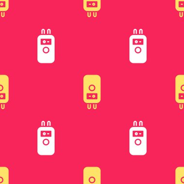 Su ikonunu ısıtmak için sarı elektrikli kazan kırmızı zeminde izole edilmiş. Vektör.