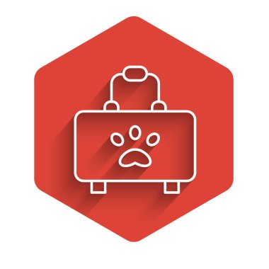 Beyaz çizgi Evcil Hayvan ilk yardım çantası simgesi uzun gölgeli izole edilmiş. Köpek ya da kedi pençesi izi. Klinik kutusu. Kırmızı altıgen düğmesi. Vektör.