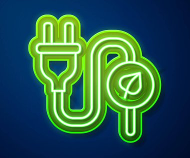 Yaprak simgesinde parlayan neon hattı elektrik prizi mavi arkaplanda izole edildi. Elektrik tasarrufu. Çevresel koruma. Biyolojik enerji. Vektör.