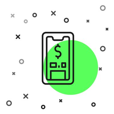 Beyaz arkaplanda dolar sembolü olan siyah çizgi akıllı telefon. İnternetten alışveriş konsepti. Finansal cep telefonu simgesi. Çevrimiçi ödeme. Vektör.