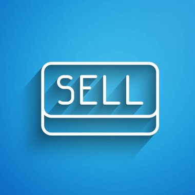 Beyaz çizgi satış düğmesi simgesi mavi arkaplanda izole edildi. Finansal ve borsa yatırım konsepti. Uzun gölge. Vektör.
