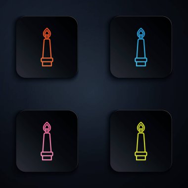 Renkli neon çizgisi. Mum yakma simgesi siyah arkaplanda izole edilmiş. Eski moda yanan mum. Silindirik mum çubuğu ve yanan ateş. Kare düğmelere simgeleri yerleştir. Vektör.