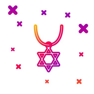 Beyaz arkaplanda izole edilmiş bir simge üzerindeki renk çizgisi David 'in Yıldızı kolyesi. Yahudi dini sembolü. İsrail 'in sembolü. Mücevher ve aksesuar. Kademeli rastgele dinamik şekiller. Vektör.