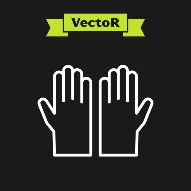 Siyah arka planda beyaz çizgi tıbbi kauçuk eldiven ikonu var. Koruyucu lastik eldivenler. Vektör.