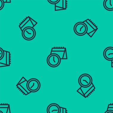 Mavi çizgi takvimi ve saat simgesi yeşil arkaplanda izole edilmiş kusursuz desen. Program, randevu, organizatör, zaman çizelgesi, zaman yönetimi. Vektör.