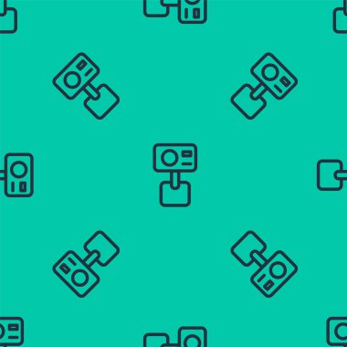 Mavi çizgi Eylem ekstrem kamera simgesi yeşil arka planda izole edilmiş kusursuz desen. Ekstrem sporları çekmek için video kamera ekipmanı. Vektör.