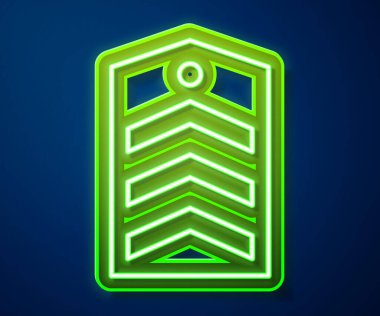 Parlayan neon çizgisi sembolü mavi arkaplanda izole edildi. Askeri rozet işareti. Vektör.