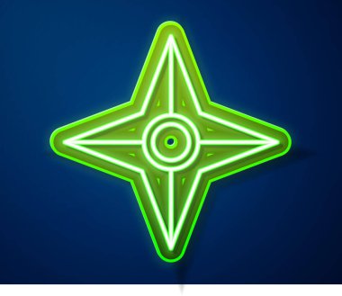 Parlayan neon hattı Japon ninja shuriken simgesi mavi arkaplanda izole edildi. Vektör.